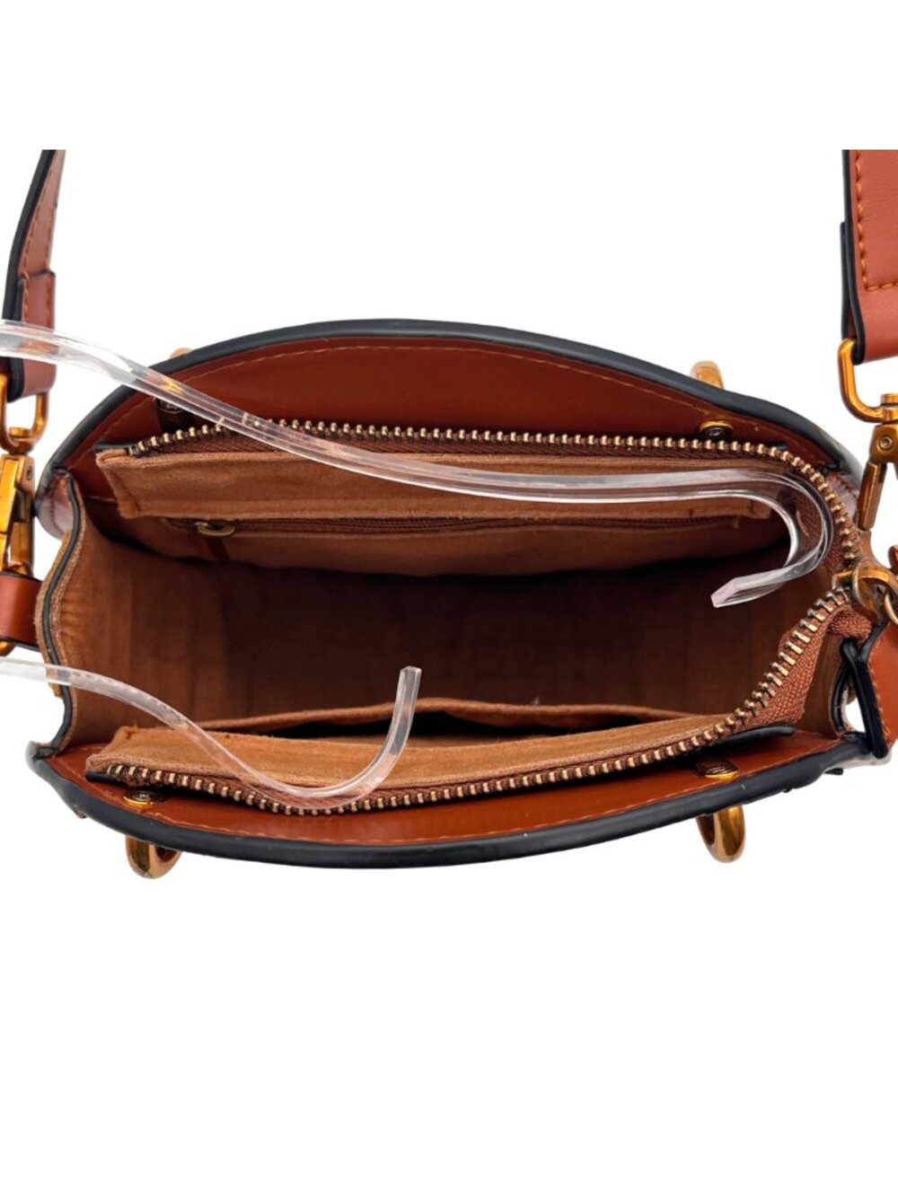 Round Leather Crossbody Bag With Gold Handles And Adjustable Strap Brown & Suede - Picture 6 of 14